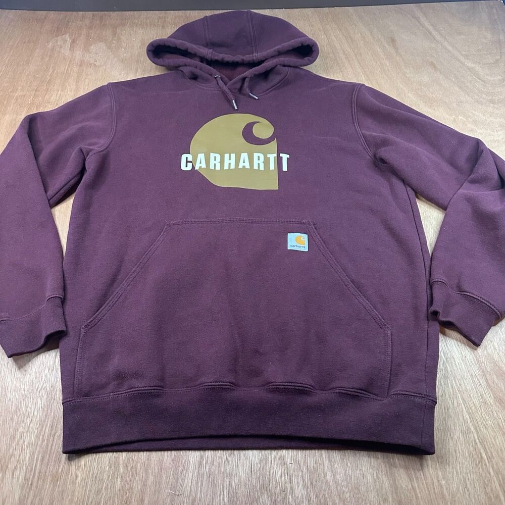 Carhartt Mens M Hoodie Loose Fit Burgundy Logo Graphic Pullover Workwear